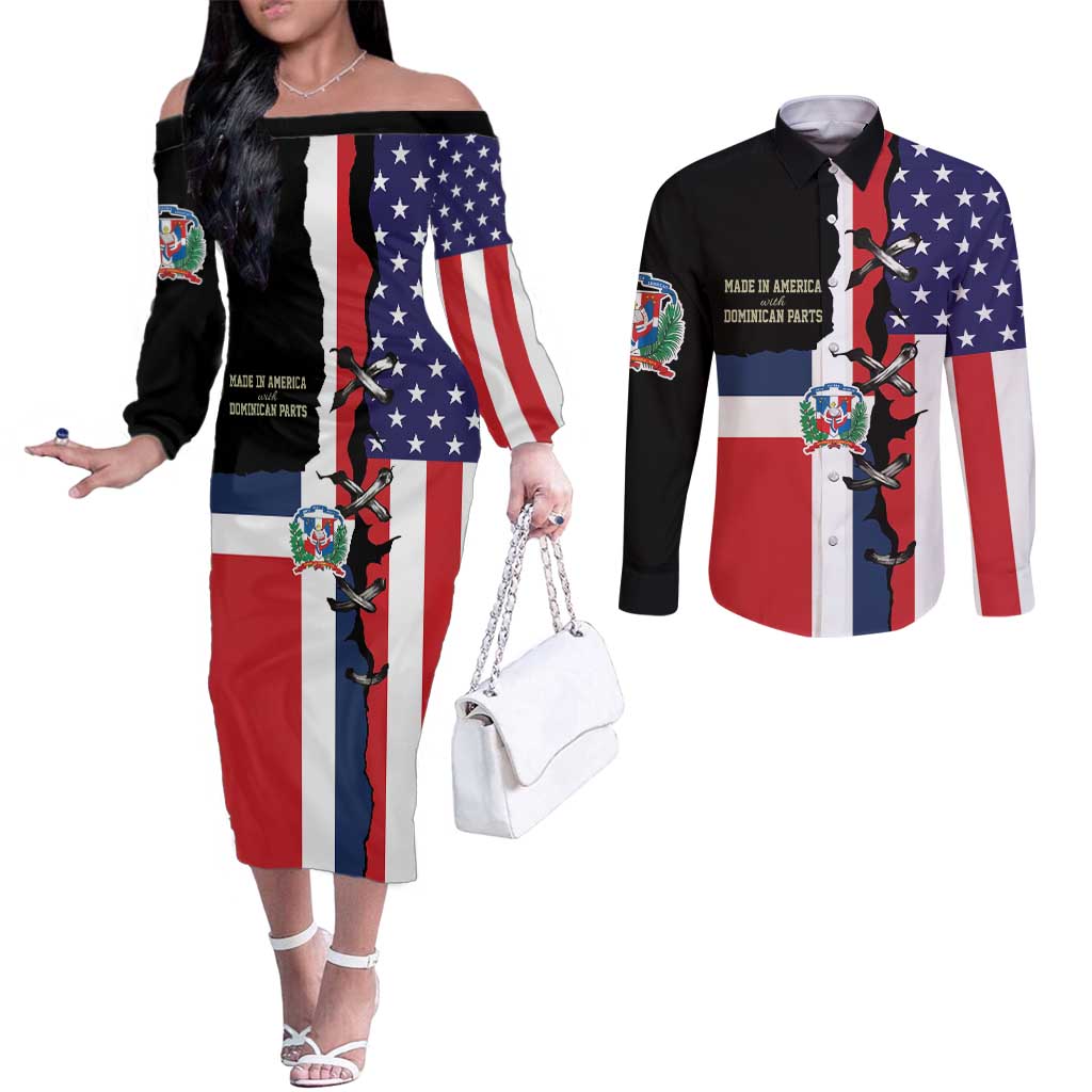 Dominican Republic Couples Matching Off The Shoulder Long Sleeve Dress and Long Sleeve Button Shirt Made In America with Dominican Parts DT03
