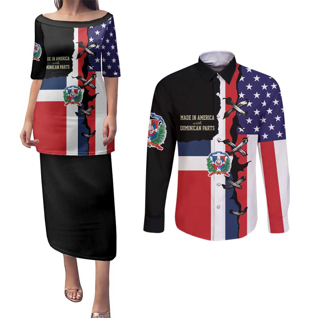 Dominican Republic Couples Matching Puletasi and Long Sleeve Button Shirt Made In America with Dominican Parts DT03