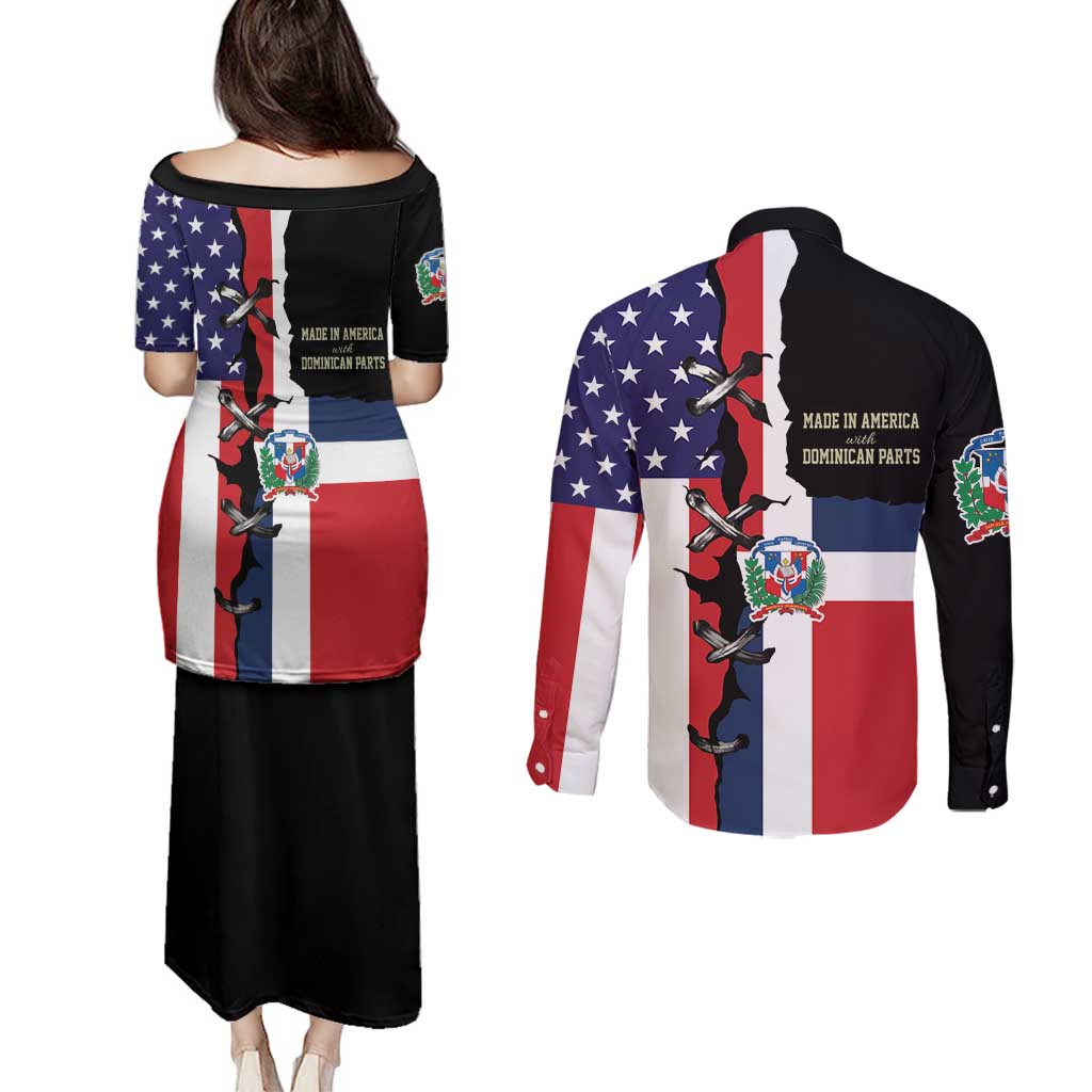 Dominican Republic Couples Matching Puletasi and Long Sleeve Button Shirt Made In America with Dominican Parts DT03