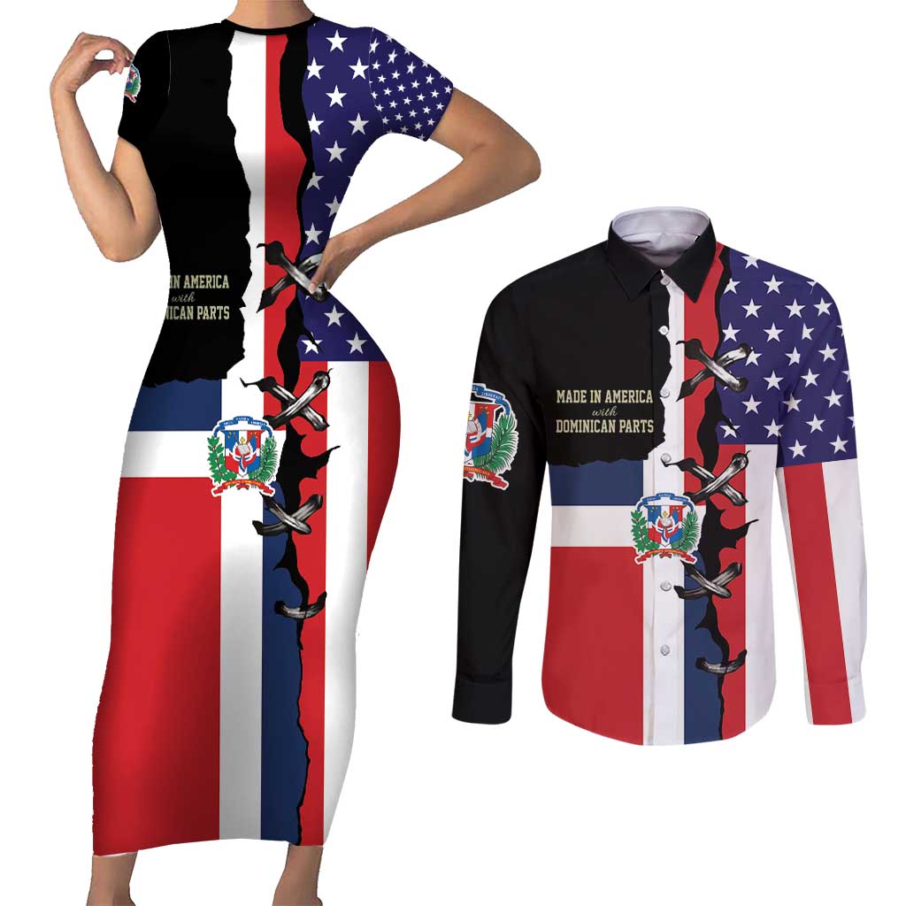 Dominican Republic Couples Matching Short Sleeve Bodycon Dress and Long Sleeve Button Shirt Made In America with Dominican Parts DT03