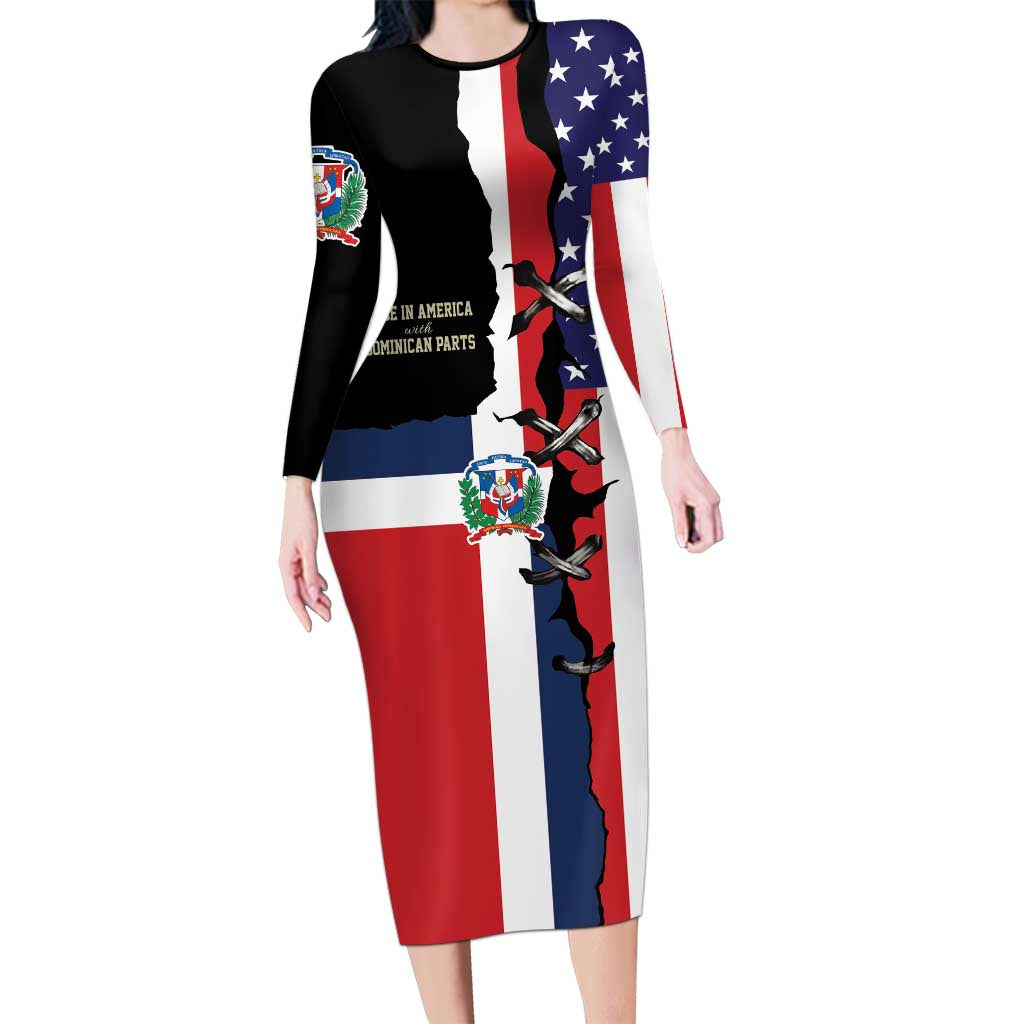 Dominican Republic Family Matching Long Sleeve Bodycon Dress and Hawaiian Shirt Made In America with Dominican Parts DT03