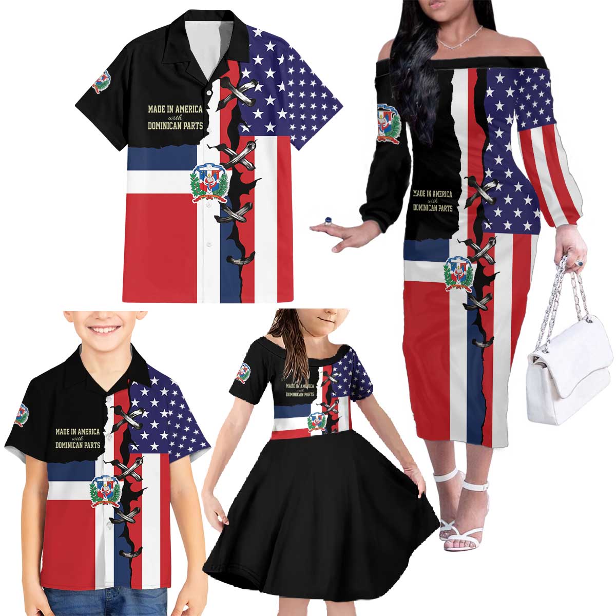 Dominican Republic Family Matching Off The Shoulder Long Sleeve Dress and Hawaiian Shirt Made In America with Dominican Parts DT03