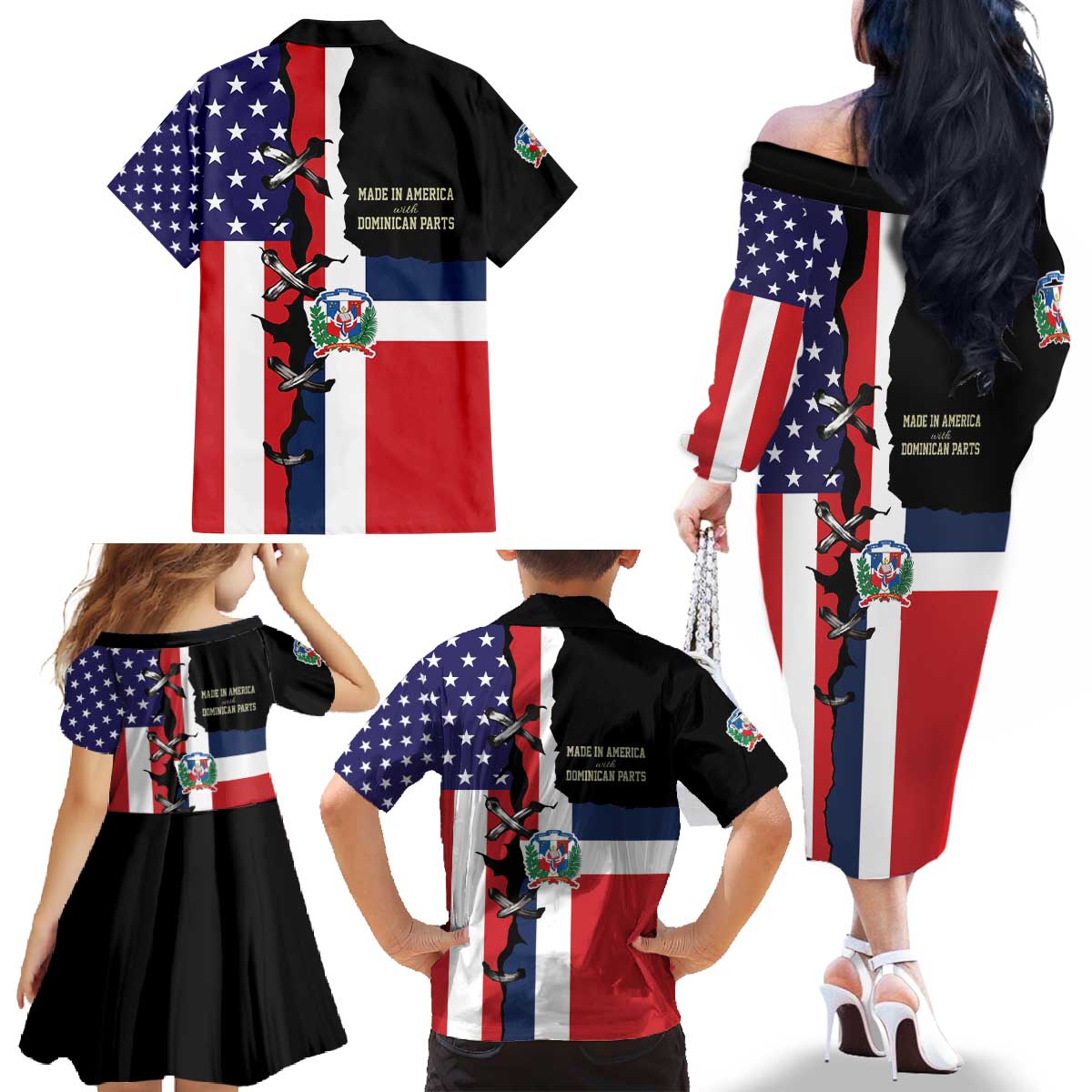 Dominican Republic Family Matching Off The Shoulder Long Sleeve Dress and Hawaiian Shirt Made In America with Dominican Parts DT03
