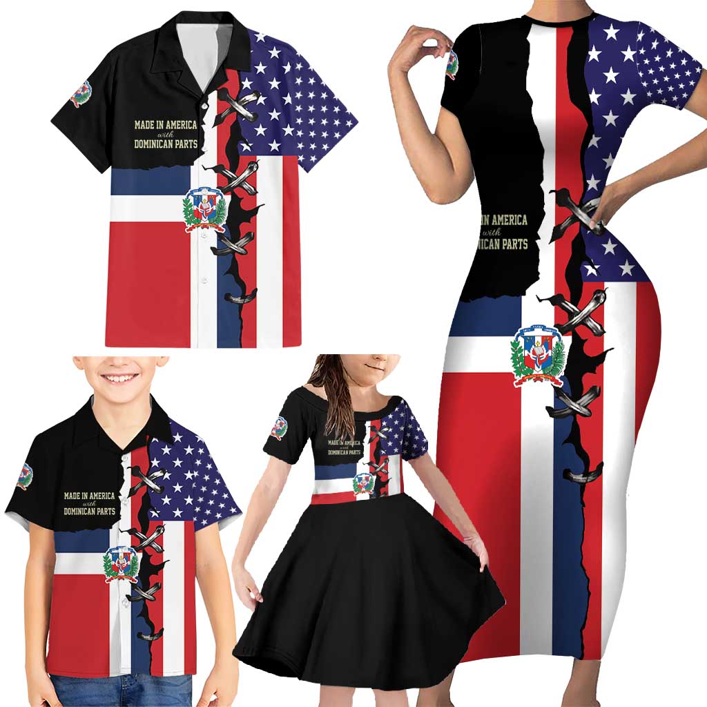 Dominican Republic Family Matching Short Sleeve Bodycon Dress and Hawaiian Shirt Made In America with Dominican Parts DT03
