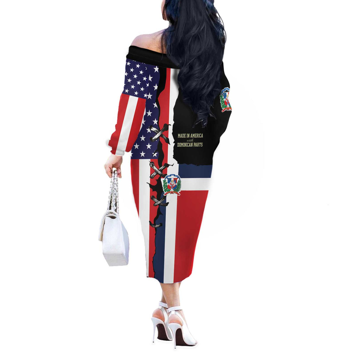 Dominican Republic Off The Shoulder Long Sleeve Dress Made In America with Dominican Parts DT03