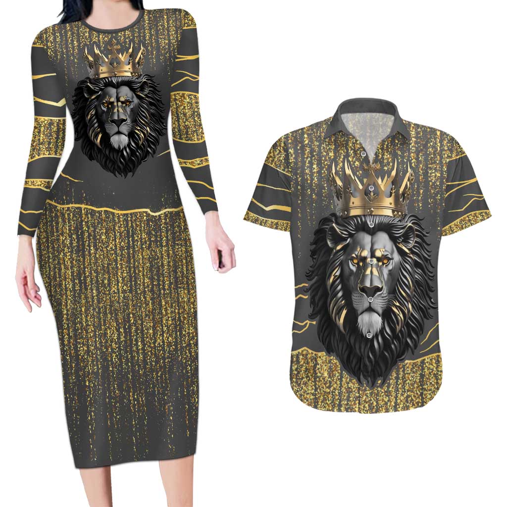 Personalized Black and Gold Lion Couples Matching Long Sleeve Bodycon Dress and Hawaiian Shirt King Africa - Wonder Print Shop