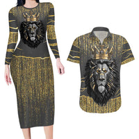 Personalized Black and Gold Lion Couples Matching Long Sleeve Bodycon Dress and Hawaiian Shirt King Africa - Wonder Print Shop