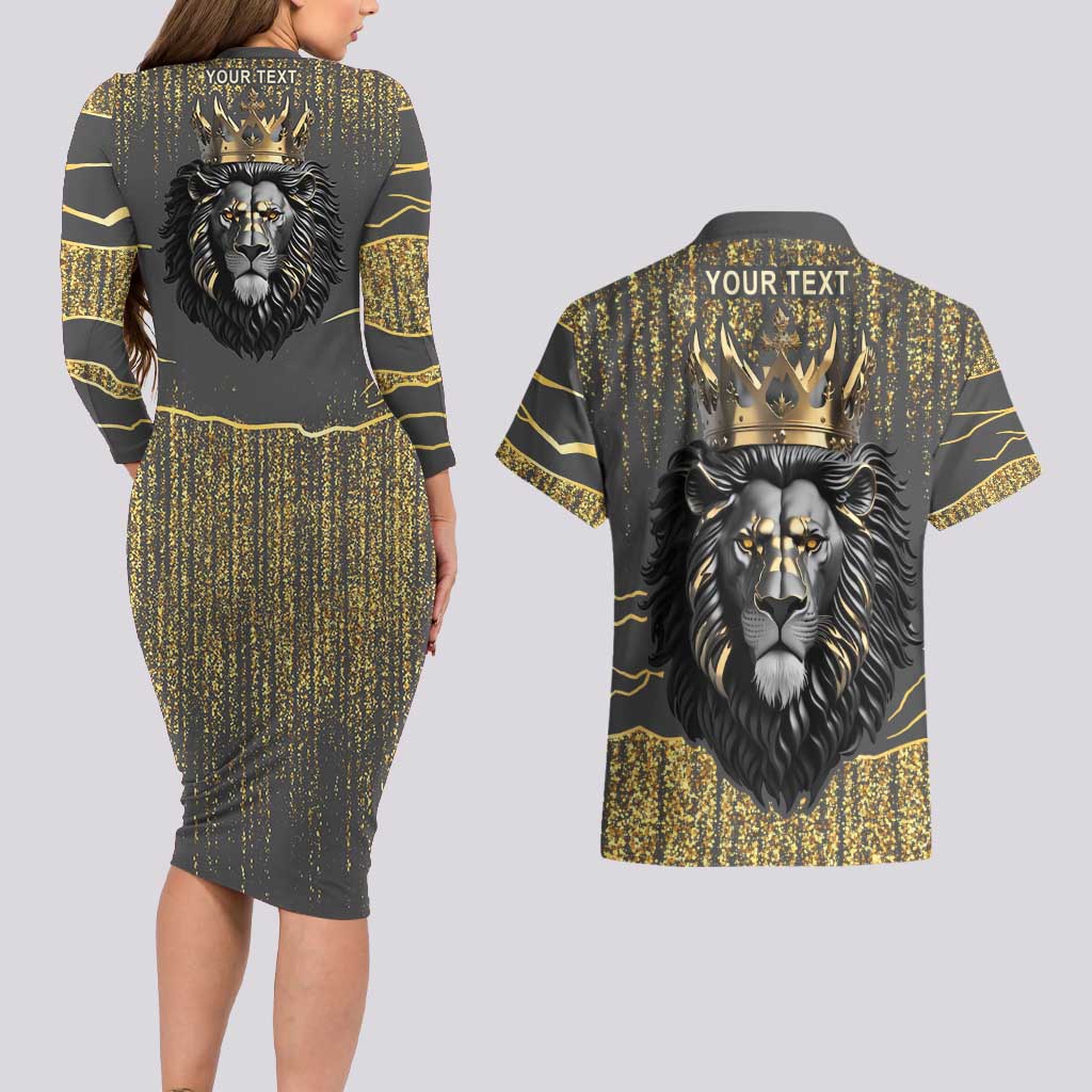 Personalized Black and Gold Lion Couples Matching Long Sleeve Bodycon Dress and Hawaiian Shirt King Africa - Wonder Print Shop