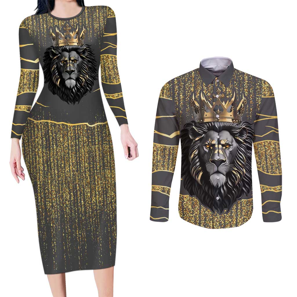 Personalized Black and Gold Lion Couples Matching Long Sleeve Bodycon Dress and Long Sleeve Button Shirt King Africa - Wonder Print Shop