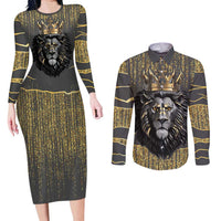 Personalized Black and Gold Lion Couples Matching Long Sleeve Bodycon Dress and Long Sleeve Button Shirt King Africa - Wonder Print Shop