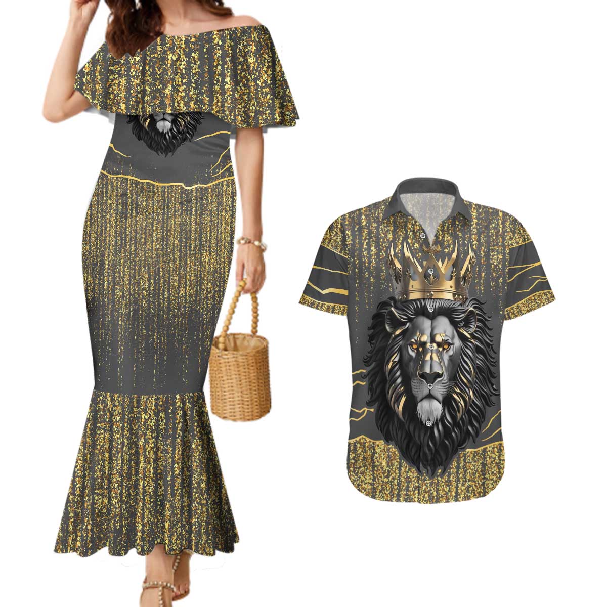 Personalized Black and Gold Lion Couples Matching Mermaid Dress and Hawaiian Shirt King Africa - Wonder Print Shop