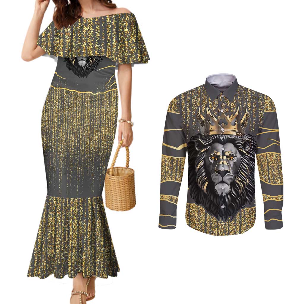 Personalized Black and Gold Lion Couples Matching Mermaid Dress and Long Sleeve Button Shirt King Africa