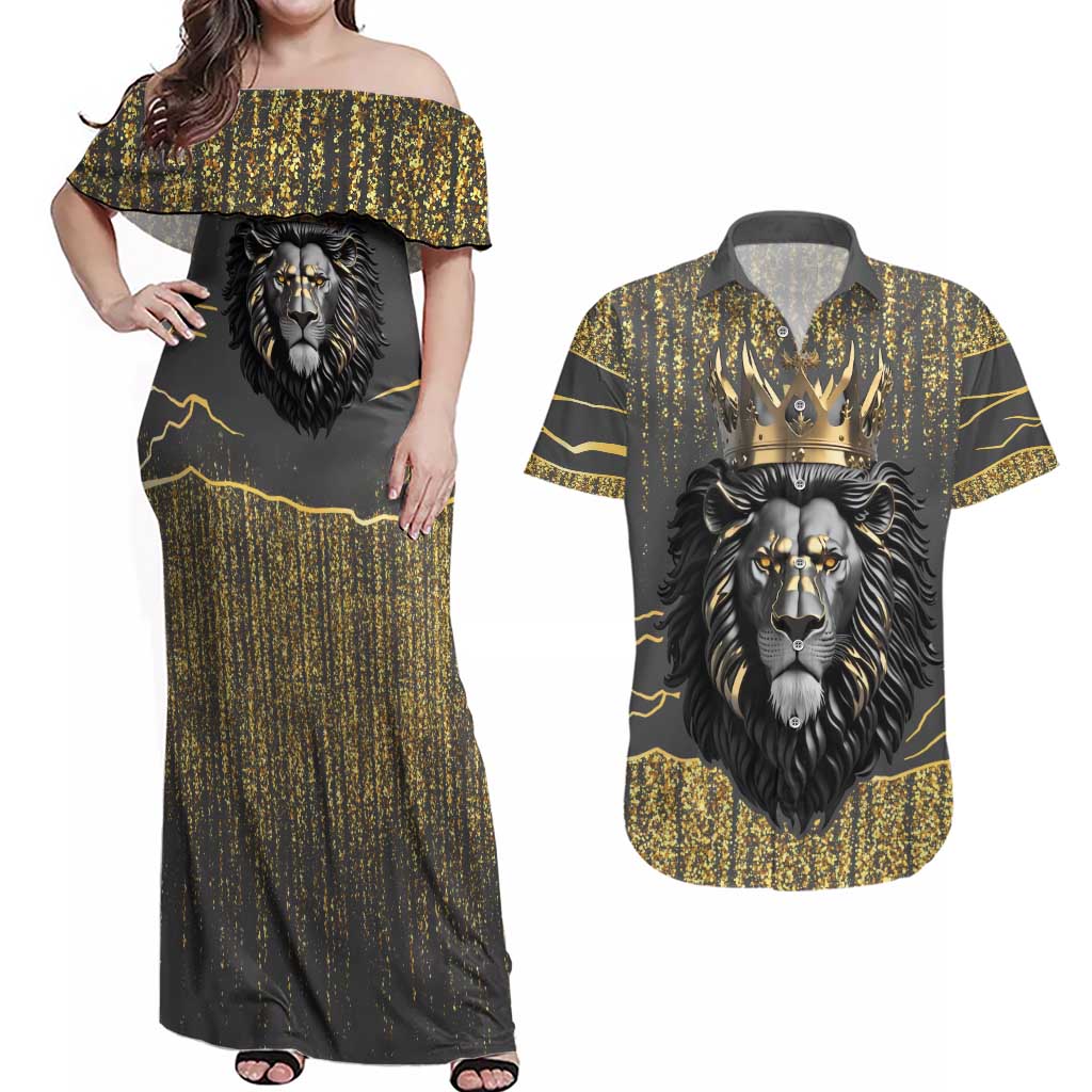 Personalized Black and Gold Lion Couples Matching Off Shoulder Maxi Dress and Hawaiian Shirt King Africa - Wonder Print Shop