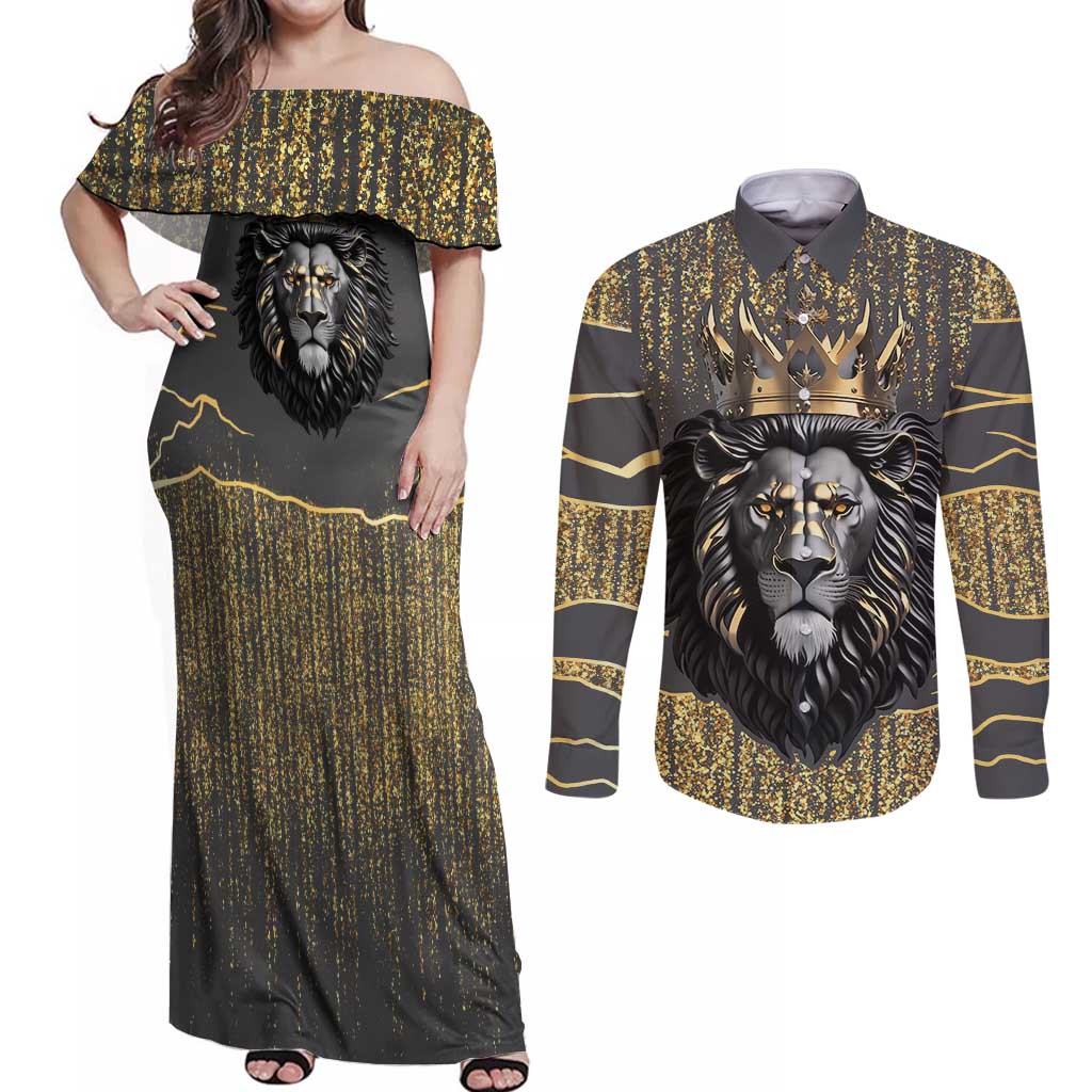 Personalized Black and Gold Lion Couples Matching Off Shoulder Maxi Dress and Long Sleeve Button Shirt King Africa - Wonder Print Shop