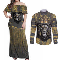 Personalized Black and Gold Lion Couples Matching Off Shoulder Maxi Dress and Long Sleeve Button Shirt King Africa - Wonder Print Shop