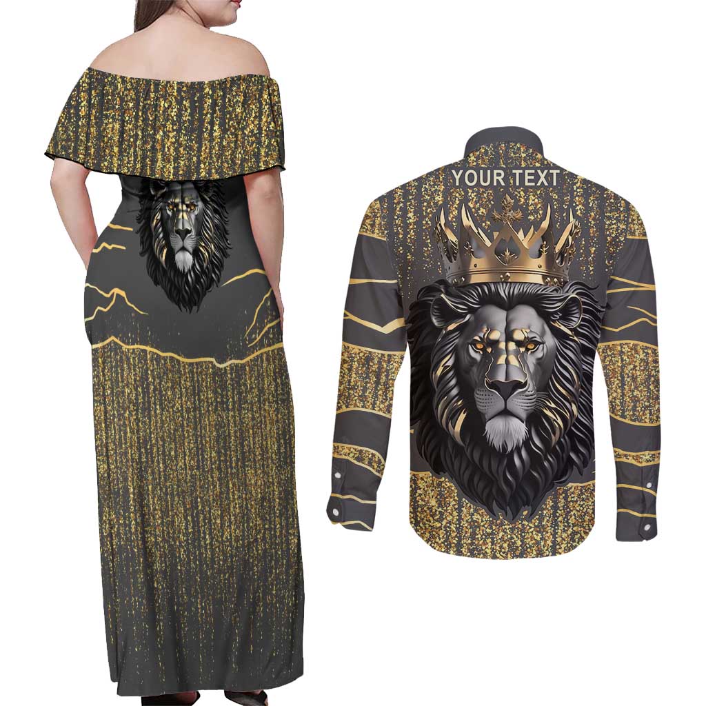 Personalized Black and Gold Lion Couples Matching Off Shoulder Maxi Dress and Long Sleeve Button Shirt King Africa - Wonder Print Shop