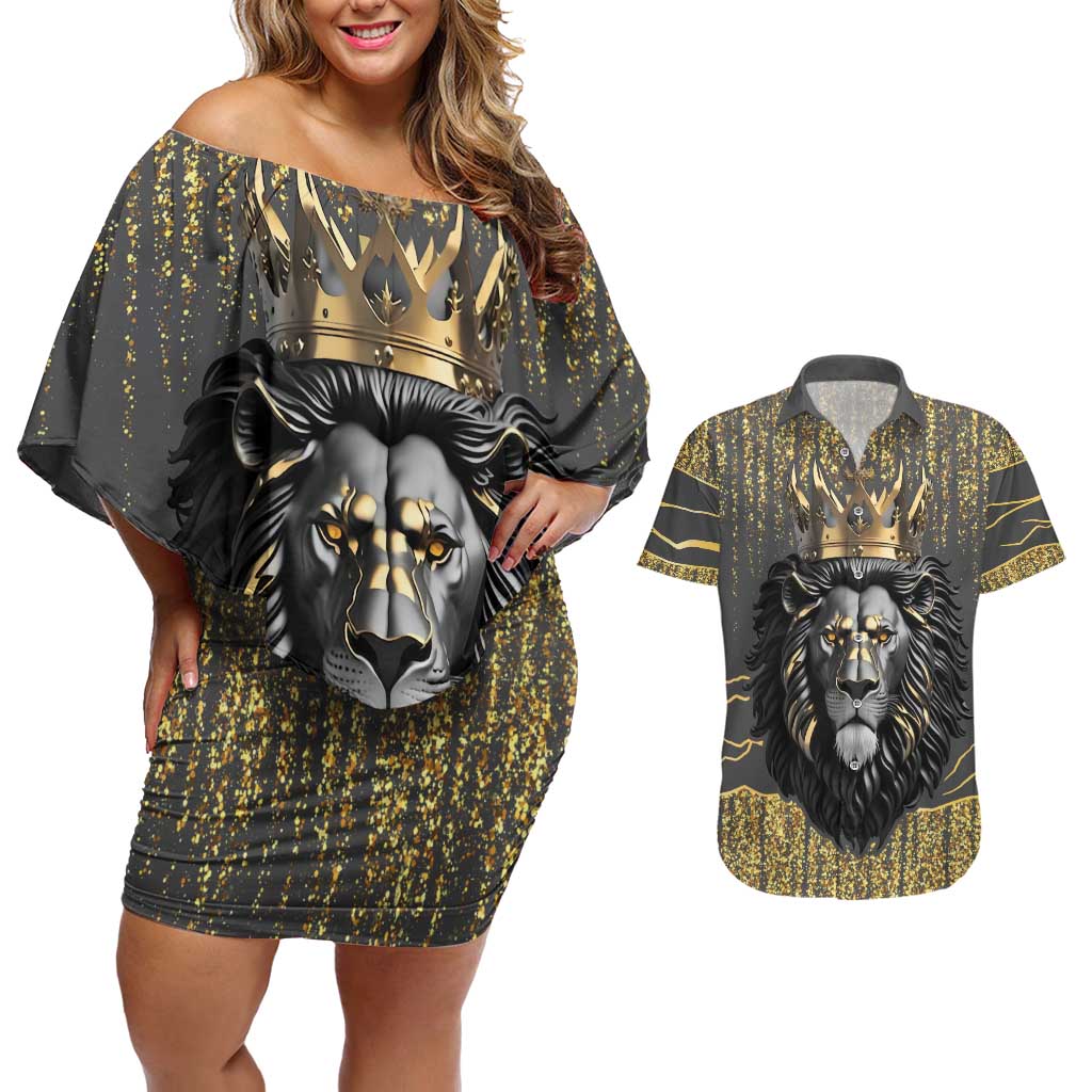 Personalized Black and Gold Lion Couples Matching Off Shoulder Short Dress and Hawaiian Shirt King Africa - Wonder Print Shop