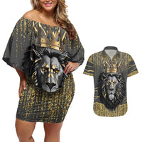 Personalized Black and Gold Lion Couples Matching Off Shoulder Short Dress and Hawaiian Shirt King Africa - Wonder Print Shop