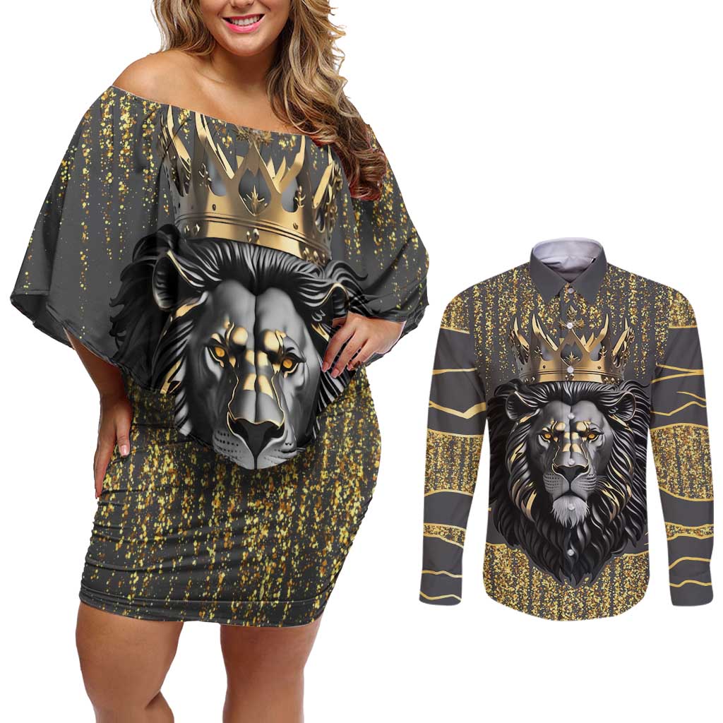 Personalized Black and Gold Lion Couples Matching Off Shoulder Short Dress and Long Sleeve Button Shirt King Africa - Wonder Print Shop