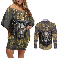 Personalized Black and Gold Lion Couples Matching Off Shoulder Short Dress and Long Sleeve Button Shirt King Africa - Wonder Print Shop