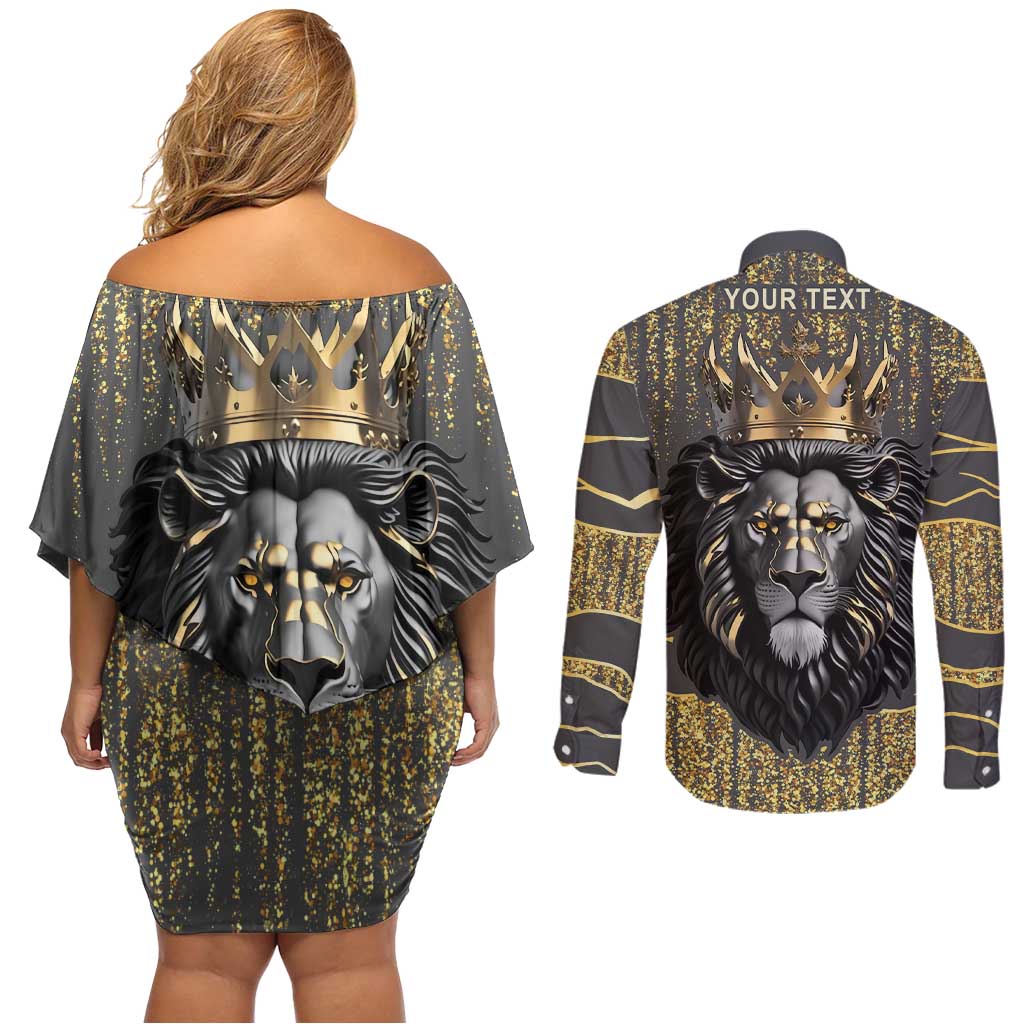 Personalized Black and Gold Lion Couples Matching Off Shoulder Short Dress and Long Sleeve Button Shirt King Africa - Wonder Print Shop