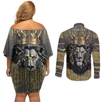 Personalized Black and Gold Lion Couples Matching Off Shoulder Short Dress and Long Sleeve Button Shirt King Africa - Wonder Print Shop