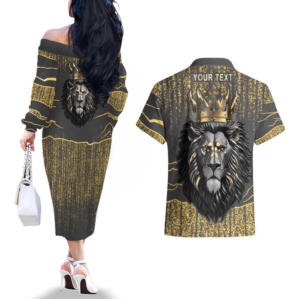 Personalized Black and Gold Lion Couples Matching Off The Shoulder Long Sleeve Dress and Hawaiian Shirt King Africa - Wonder Print Shop