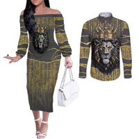 Personalized Black and Gold Lion Couples Matching Off The Shoulder Long Sleeve Dress and Long Sleeve Button Shirt King Africa