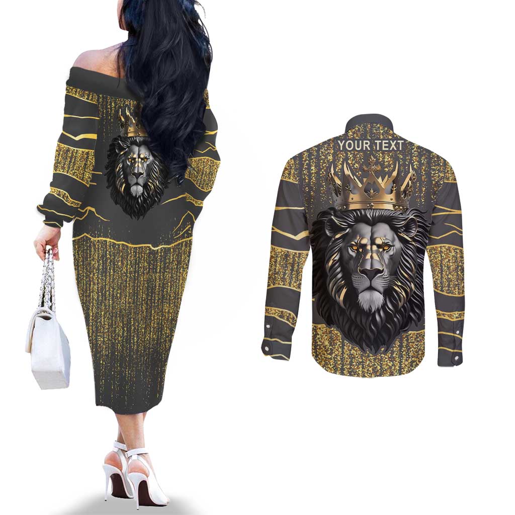 Personalized Black and Gold Lion Couples Matching Off The Shoulder Long Sleeve Dress and Long Sleeve Button Shirt King Africa