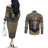 Personalized Black and Gold Lion Couples Matching Off The Shoulder Long Sleeve Dress and Long Sleeve Button Shirt King Africa