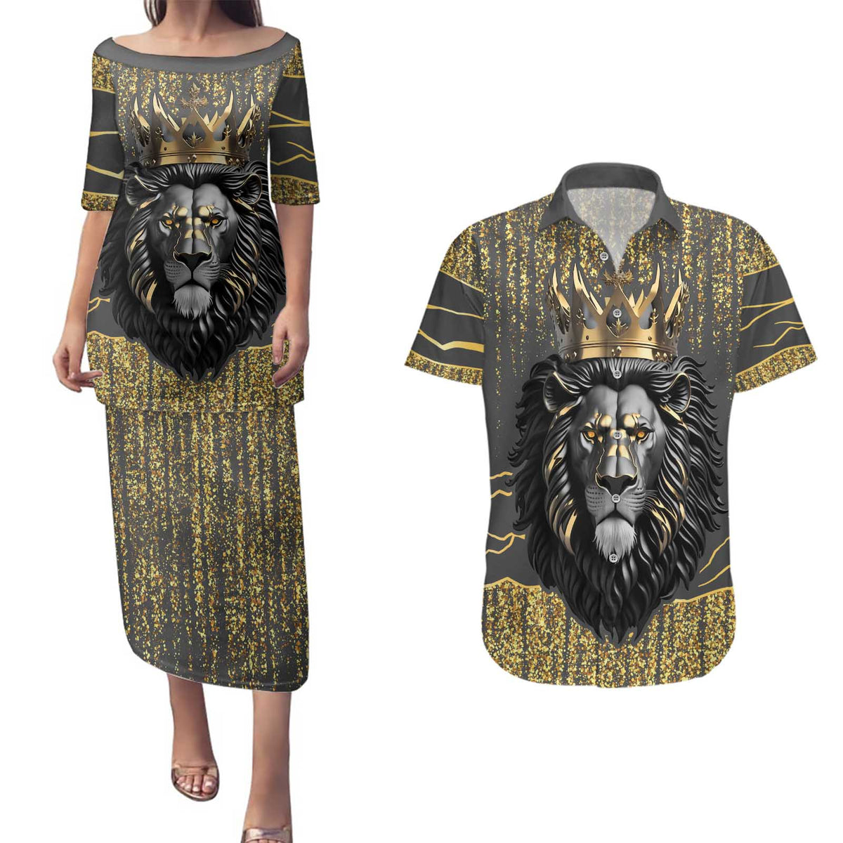 Personalized Black and Gold Lion Couples Matching Puletasi and Hawaiian Shirt King Africa - Wonder Print Shop