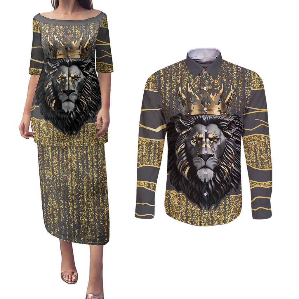 Personalized Black and Gold Lion Couples Matching Puletasi and Long Sleeve Button Shirt King Africa - Wonder Print Shop