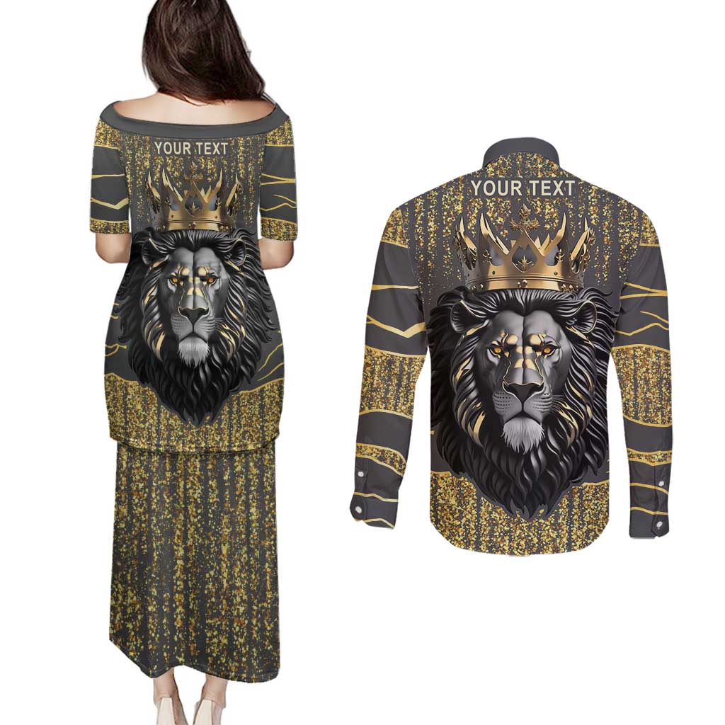 Personalized Black and Gold Lion Couples Matching Puletasi and Long Sleeve Button Shirt King Africa - Wonder Print Shop