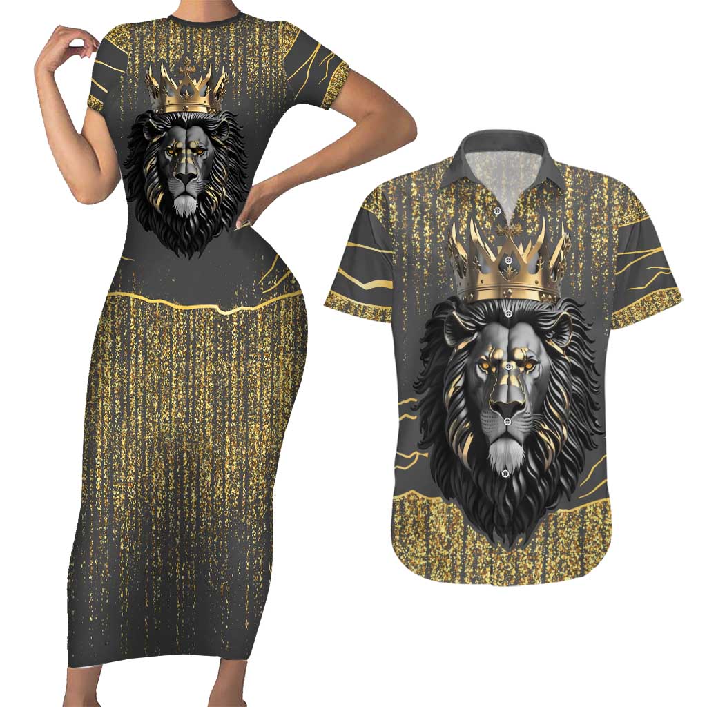 Personalized Black and Gold Lion Couples Matching Short Sleeve Bodycon Dress and Hawaiian Shirt King Africa - Wonder Print Shop