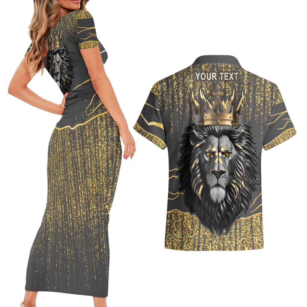Personalized Black and Gold Lion Couples Matching Short Sleeve Bodycon Dress and Hawaiian Shirt King Africa - Wonder Print Shop