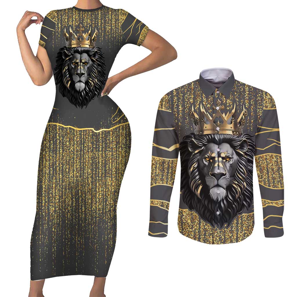 Personalized Black and Gold Lion Couples Matching Short Sleeve Bodycon Dress and Long Sleeve Button Shirt King Africa - Wonder Print Shop