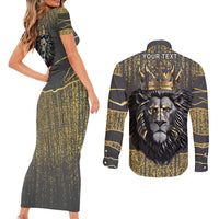 Personalized Black and Gold Lion Couples Matching Short Sleeve Bodycon Dress and Long Sleeve Button Shirt King Africa - Wonder Print Shop