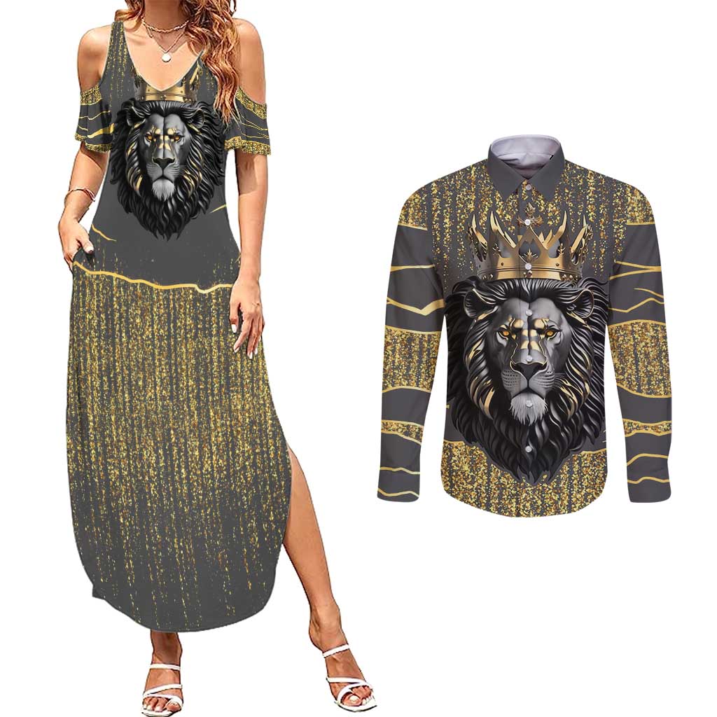 Personalized Black and Gold Lion Couples Matching Summer Maxi Dress and Long Sleeve Button Shirt King Africa - Wonder Print Shop