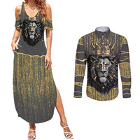 Personalized Black and Gold Lion Couples Matching Summer Maxi Dress and Long Sleeve Button Shirt King Africa - Wonder Print Shop