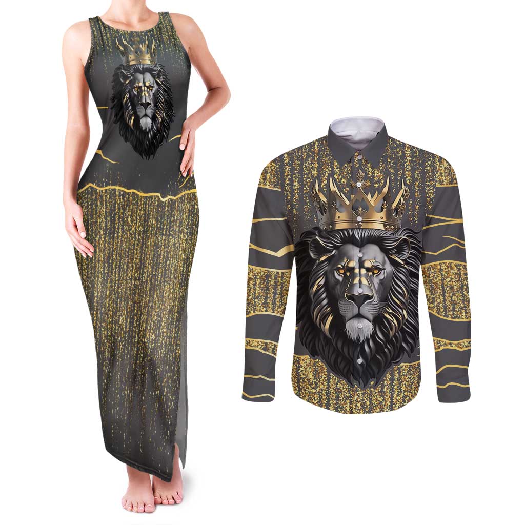 Personalized Black and Gold Lion Couples Matching Tank Maxi Dress and Long Sleeve Button Shirt King Africa - Wonder Print Shop