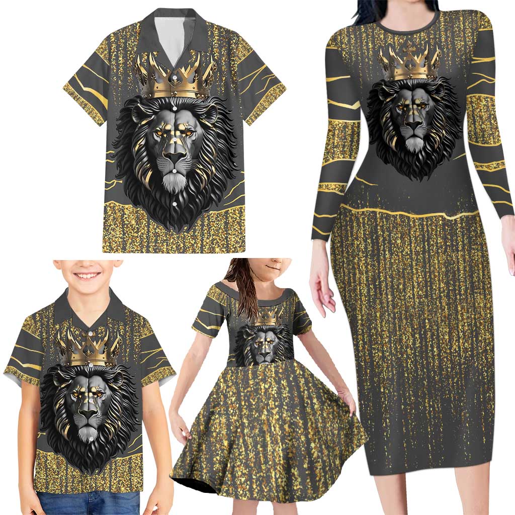 Personalized Black and Gold Lion Family Matching Long Sleeve Bodycon Dress and Hawaiian Shirt King Africa - Wonder Print Shop