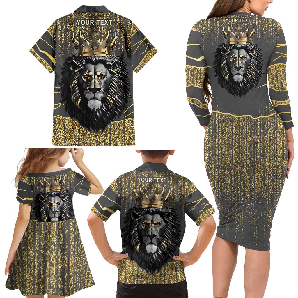 Personalized Black and Gold Lion Family Matching Long Sleeve Bodycon Dress and Hawaiian Shirt King Africa - Wonder Print Shop