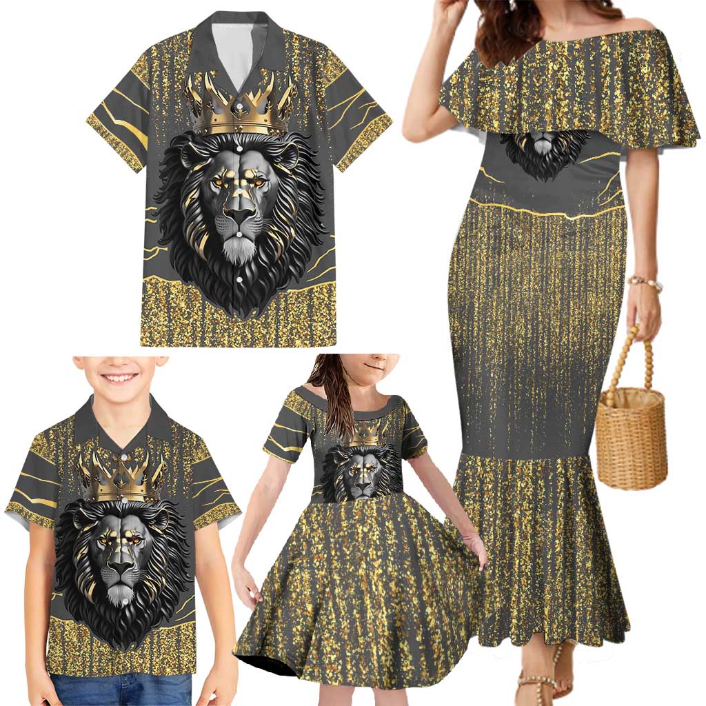 Personalized Black and Gold Lion Family Matching Mermaid Dress and Hawaiian Shirt King Africa - Wonder Print Shop