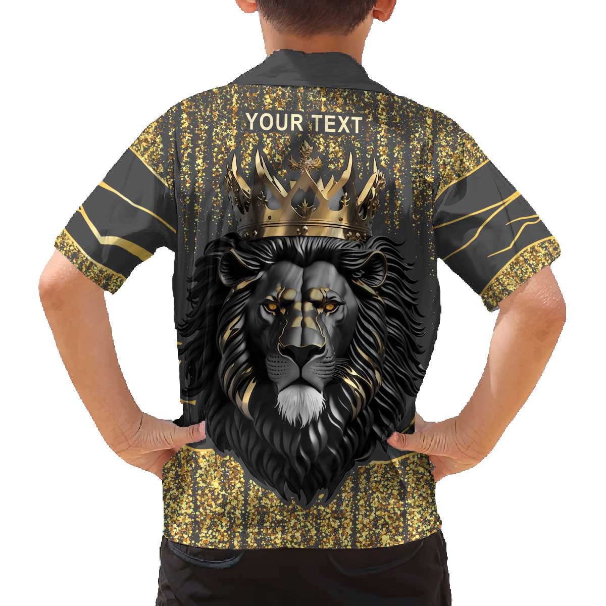 Personalized Black and Gold Lion Family Matching Off The Shoulder Long Sleeve Dress and Hawaiian Shirt King Africa - Wonder Print Shop