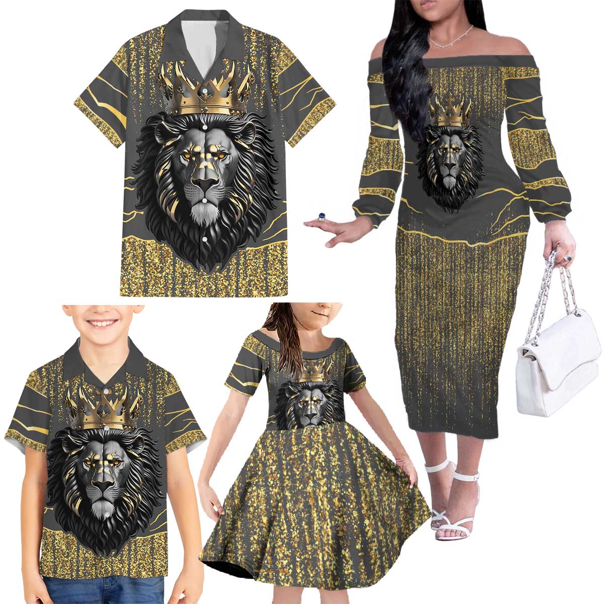Personalized Black and Gold Lion Family Matching Off The Shoulder Long Sleeve Dress and Hawaiian Shirt King Africa - Wonder Print Shop
