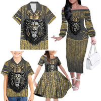 Personalized Black and Gold Lion Family Matching Off The Shoulder Long Sleeve Dress and Hawaiian Shirt King Africa - Wonder Print Shop