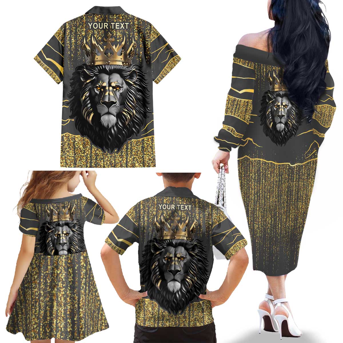 Personalized Black and Gold Lion Family Matching Off The Shoulder Long Sleeve Dress and Hawaiian Shirt King Africa - Wonder Print Shop