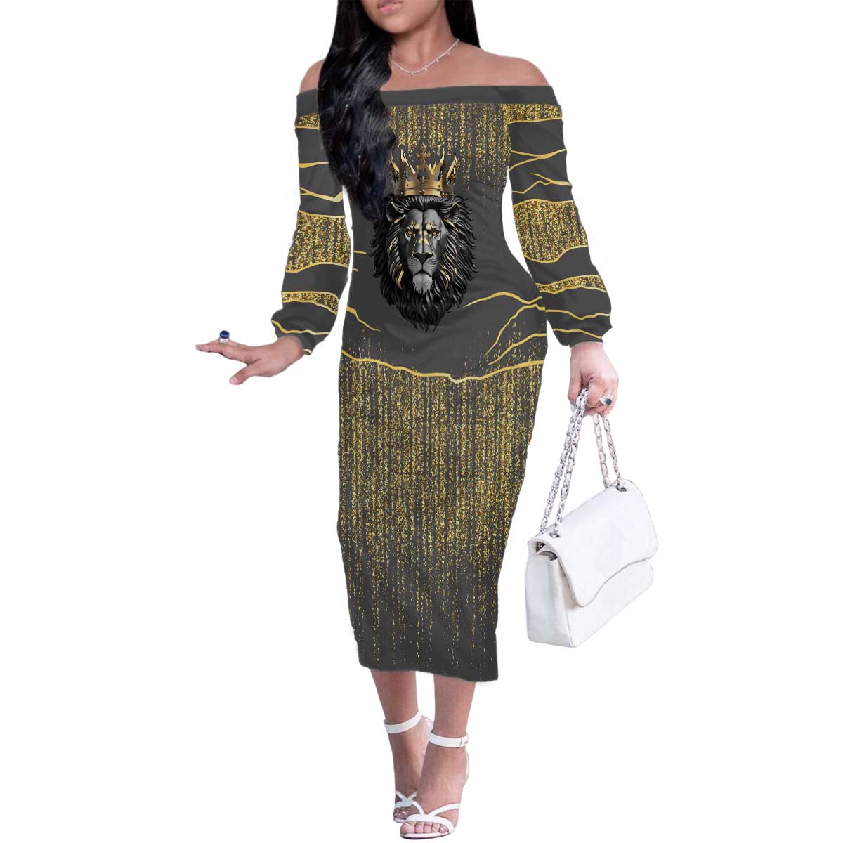 Personalized Black and Gold Lion Family Matching Off The Shoulder Long Sleeve Dress and Hawaiian Shirt King Africa - Wonder Print Shop