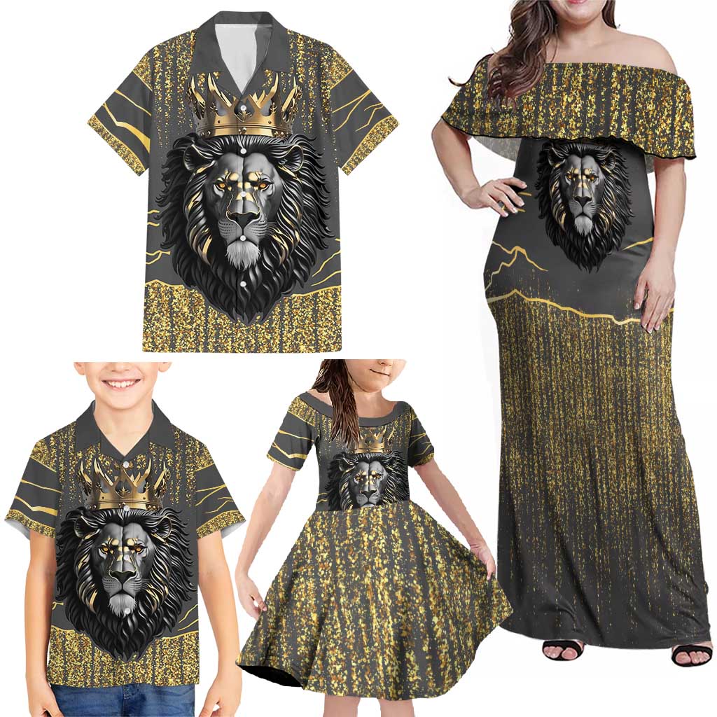 Personalized Black and Gold Lion Family Matching Off Shoulder Maxi Dress and Hawaiian Shirt King Africa - Wonder Print Shop