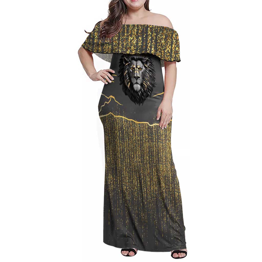 Personalized Black and Gold Lion Family Matching Off Shoulder Maxi Dress and Hawaiian Shirt King Africa - Wonder Print Shop